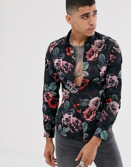 Twisted Tailor super skinny shirt with floral print in black