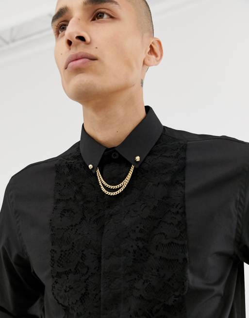 Twisted Tailor super skinny shirt with lace panel and collar bar in black |  ASOS