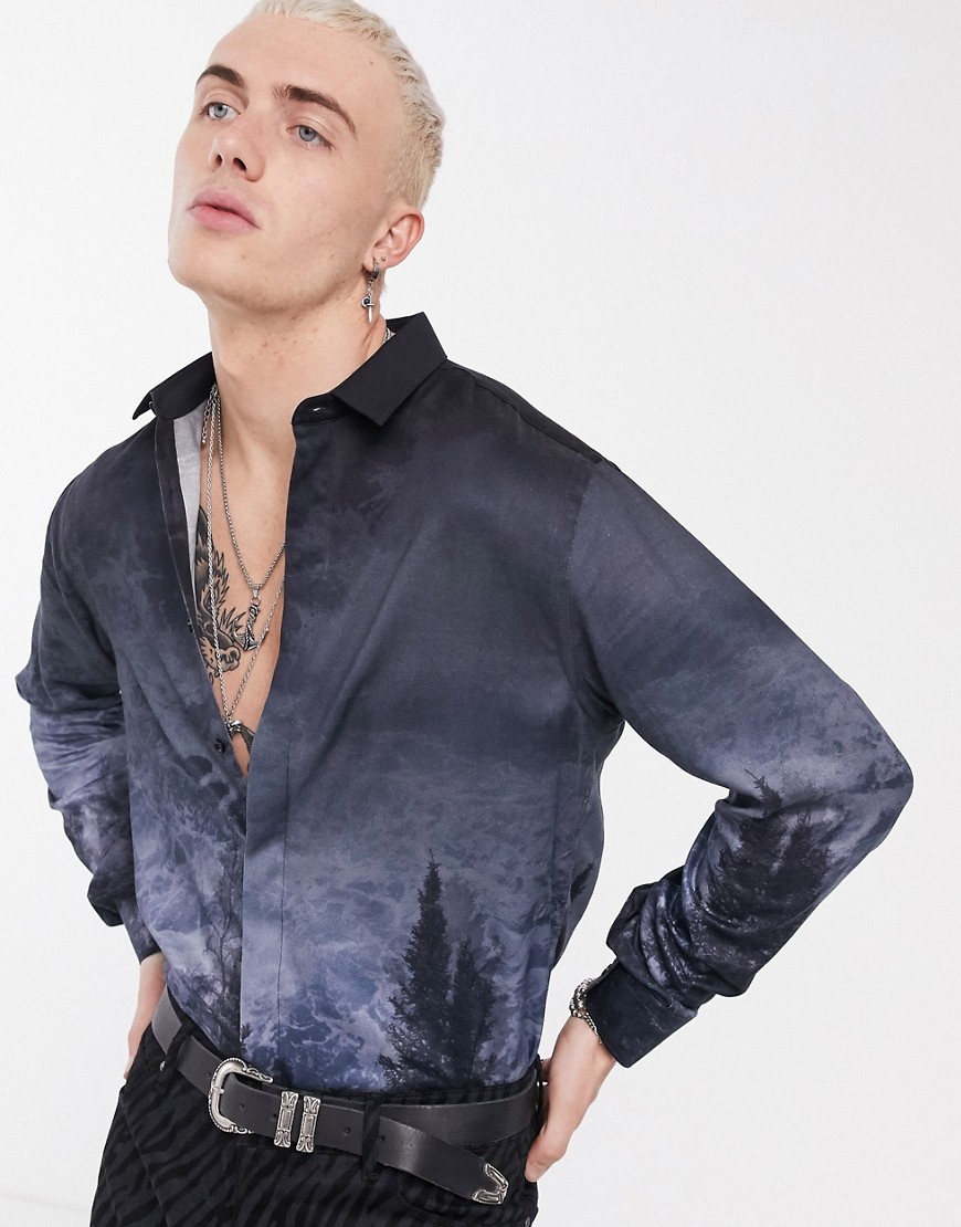Twisted Tailor super skinny shirt with landscape fade print in dark blue