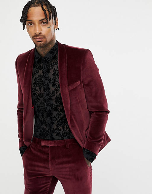 Twisted Tailor super skinny suit jacket in burgundy velvet | ASOS