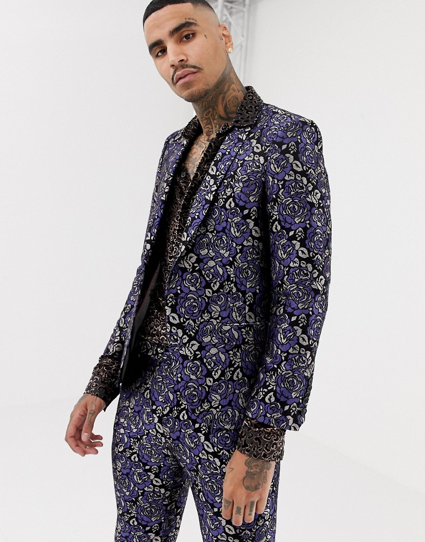 Twisted Tailor super skinny suit jacket in floral jacquard-Blue