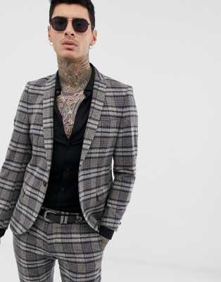 Twisted Tailor super skinny suit jacket in speckled tartan-Grey Grey