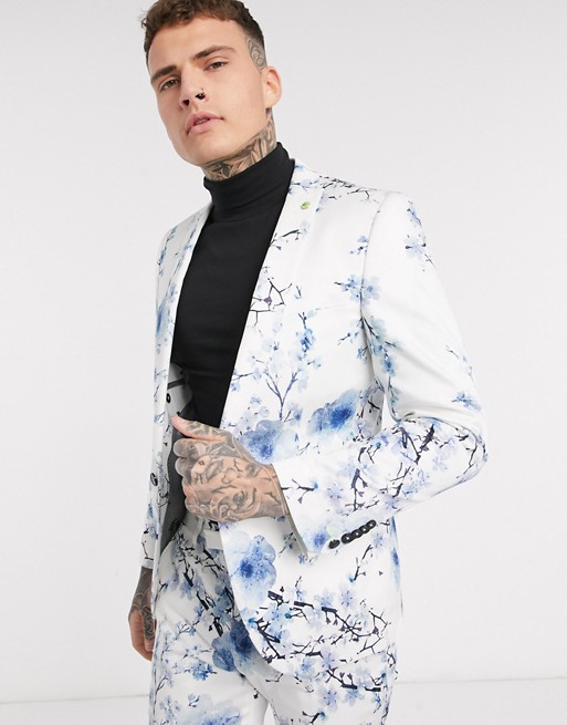 Twisted Tailor super skinny suit jacket with blue floral print in white