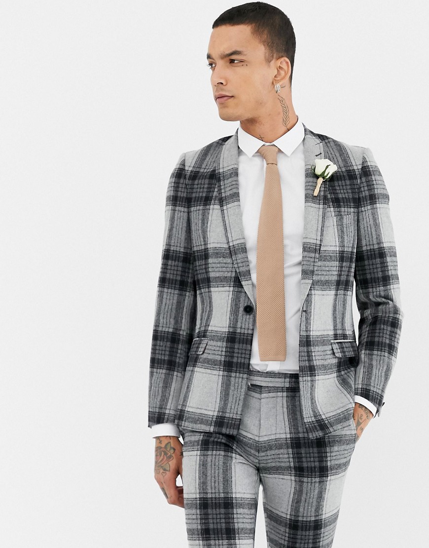 Twisted Tailor super skinny suit jacket with bold check in wool-Grey