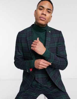 Twisted Tailor Twisted Tailor super skinny suit jacket with chain in green tartan check