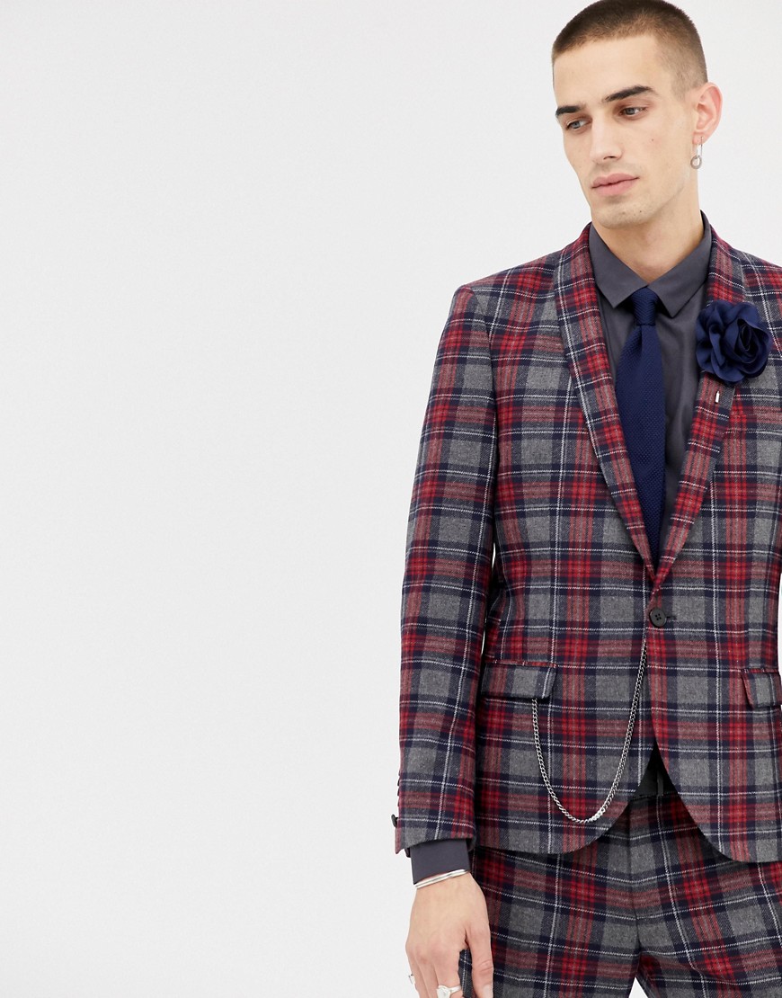 Twisted Tailor super skinny suit jacket with tartan check in wool-Red