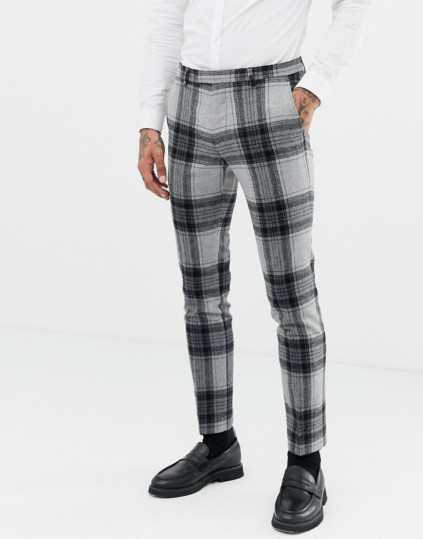 Twisted Tailor super skinny suit trouser with bold check in wool-Grey