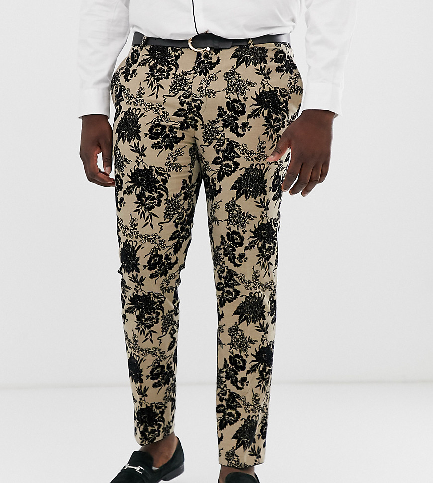 Twisted Tailor super skinny suit trouser with floral flocking-Tan