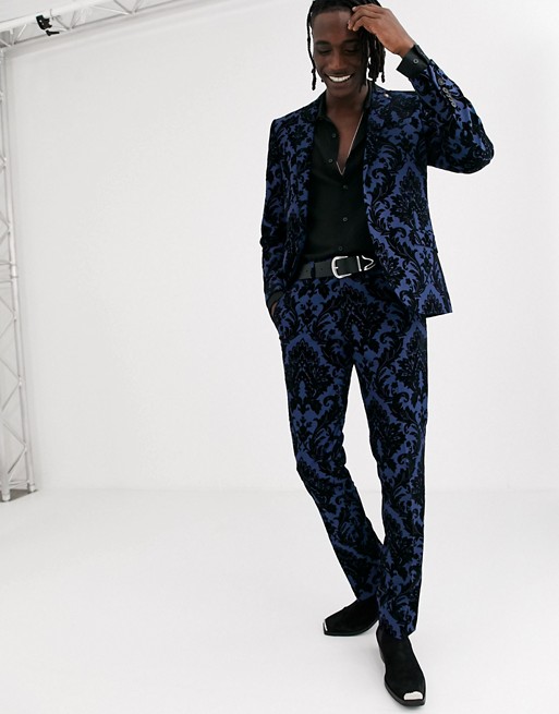 Twisted Tailor super skinny suit trousers in blue baroque flocking