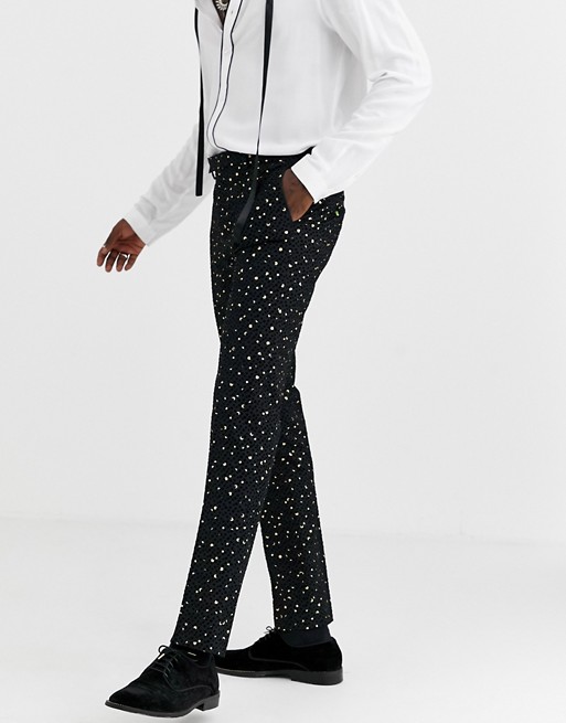 Twisted Tailor super skinny suit trousers with polka dot gold flock in black