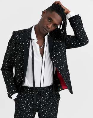 Twisted Tailor super skinny suit tuxedo jacket with polka dot gold flock in black Black