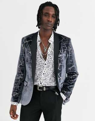 Twisted Tailor Twisted Tailor super skinny velvet blazer with cracked print in gunmetal grey