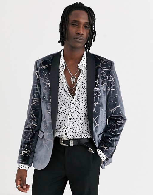 Twisted Tailor super skinny velvet blazer with cracked print in gunmetal grey