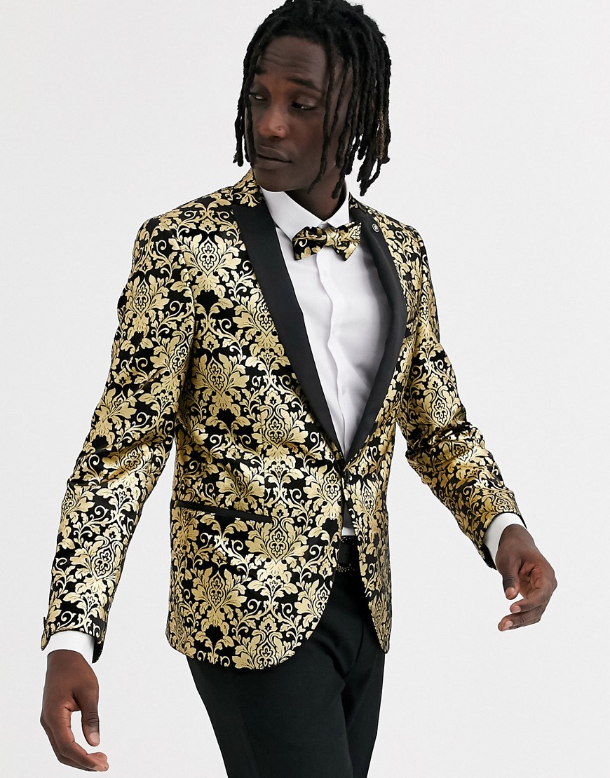 Twisted Tailor super skinny velvet blazer with gold baroque print