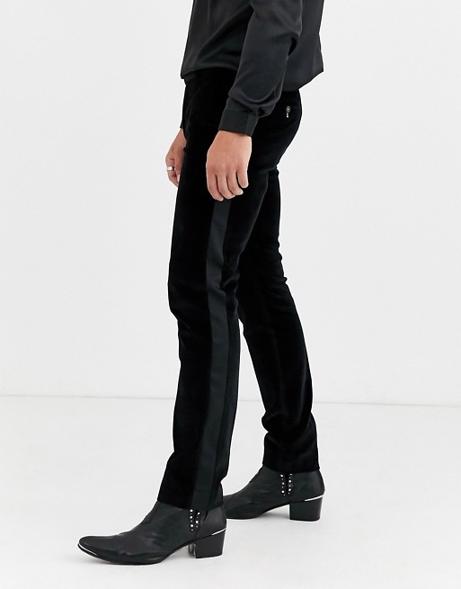 Twisted Tailor super skinny velvet trousers with sateen side stripe in black