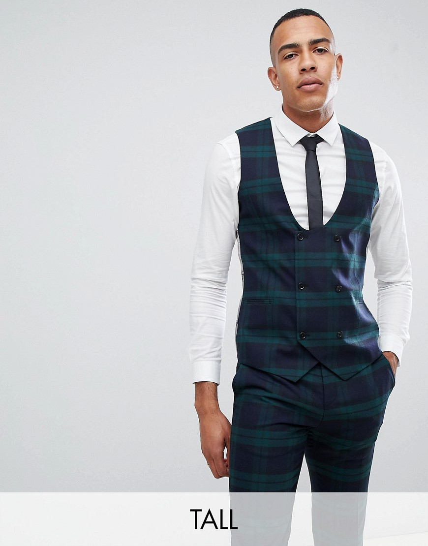 Twisted Tailor Super Skinny Waistcoat In Green Check