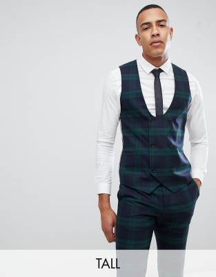 Twisted Tailor Super Skinny Waistcoat In Green Check Green