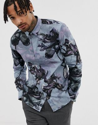Twisted Tailor - Superskinny overhemd met grote bloemenprint-Blauw