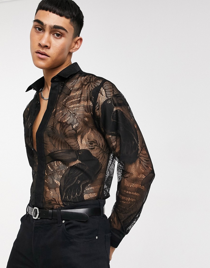 Twisted Tailor – Svart snäv skjorta i spets med tukanmönster
