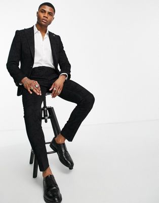 Twisted Tailor Sylvan skinny suit jacket in black with geometric flocking - ASOS Price Checker