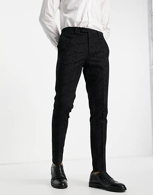 Men Twisted Tailor Sylvan skinny suit trousers in black with geometric flocking 