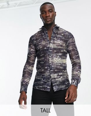 Twisted Tailor Tall caples shirt in blue snakeskin mesh