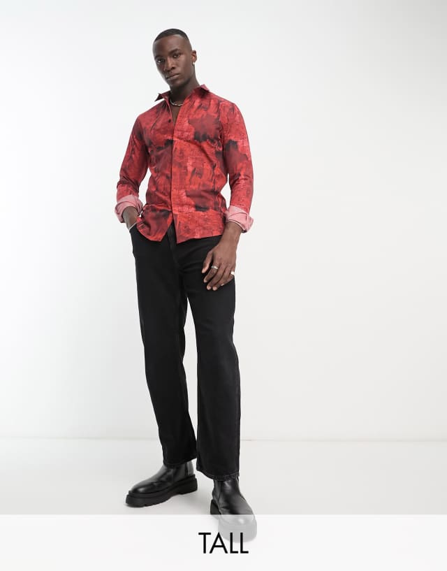 Twisted Tailor Tall cates revere collar shirt in burgundy distorted print