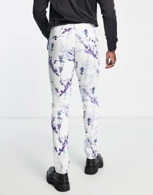 Twisted Tailor Tall Lavadino Skinny Fit Smart Trousers in White with Floral Print