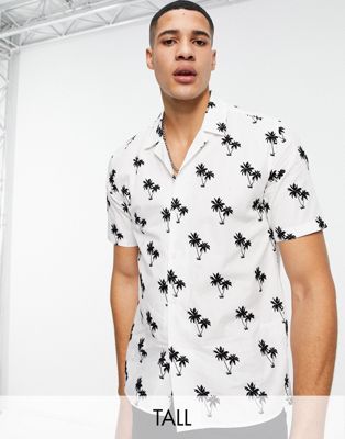 Twisted Tailor Tall short sleeve shirt in white with palm tree flocking and revere collar