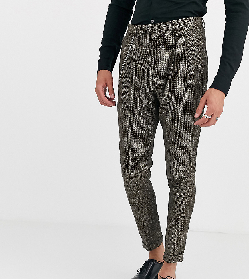 Twisted Tailor - Tall - Smaltoelopende cropped pantalon met visgraatmotief-Bruin