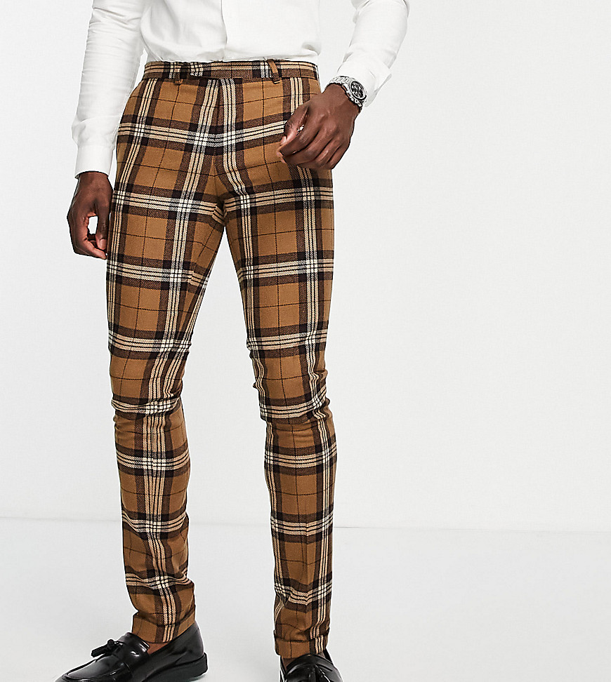 Twisted Tailor Tall suit pants in brown tartan check with pocket chain detail