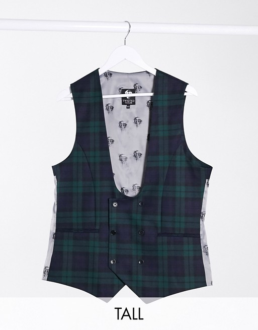 Twisted Tailor TALL suit waistcoat in green tartan check