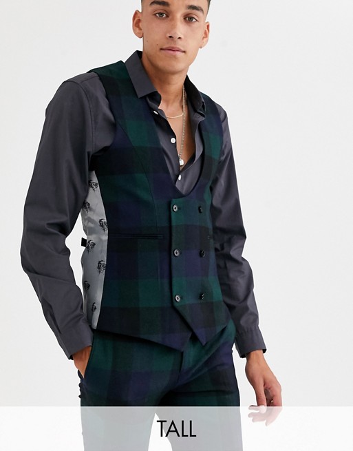 Twisted Tailor Tall super skinny fit waistcoat in wide green check