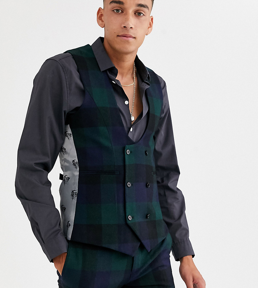 Twisted Tailor Tall super skinny fit waistcoat in wide green check