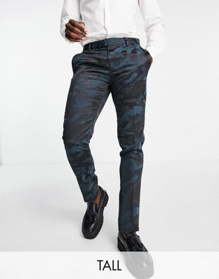 Twisted Tailor Tall vallely skinny fit suit trousers in dark green camo with black side stripe