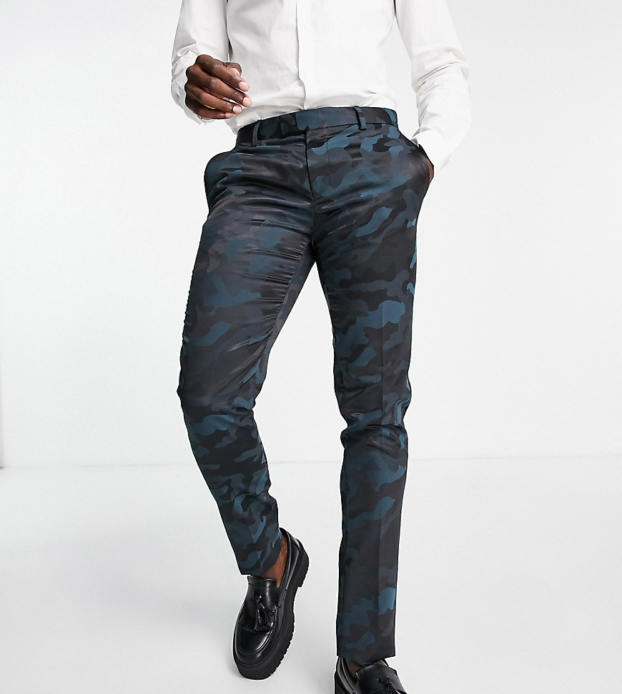 Twisted Tailor Tall vallely skinny fit suit trousers in dark green camo with black side stripe-Multi