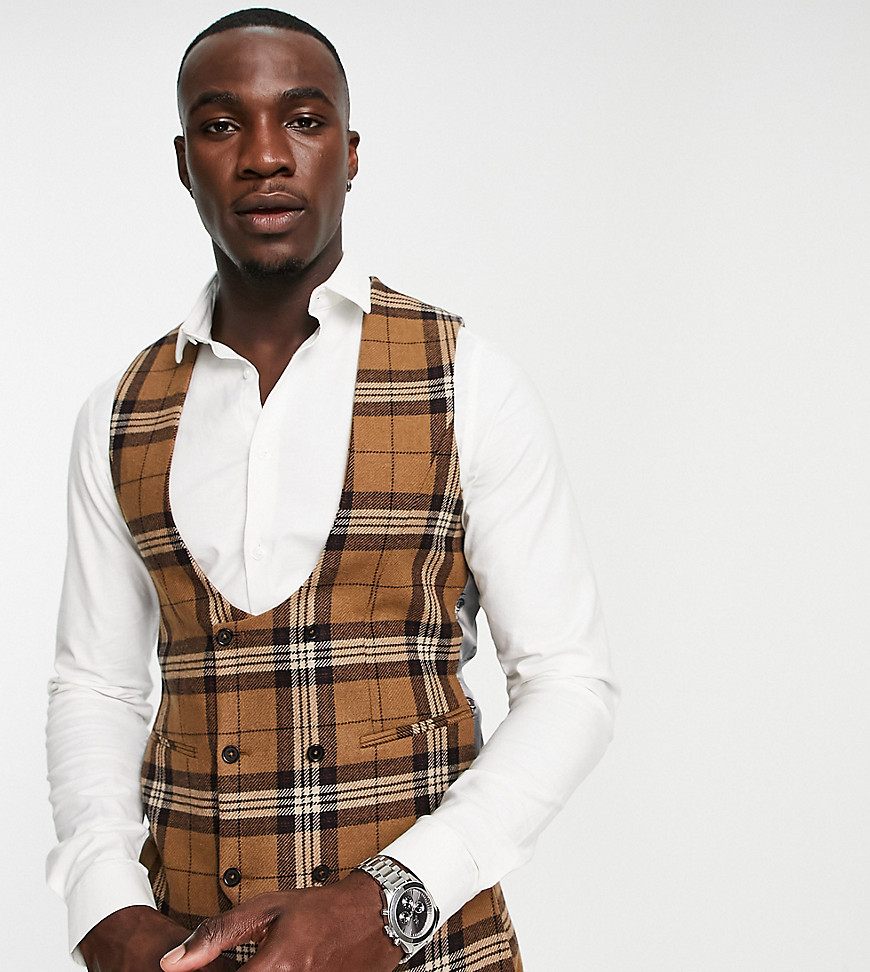Twisted Tailor Tall vest in brown tartan check