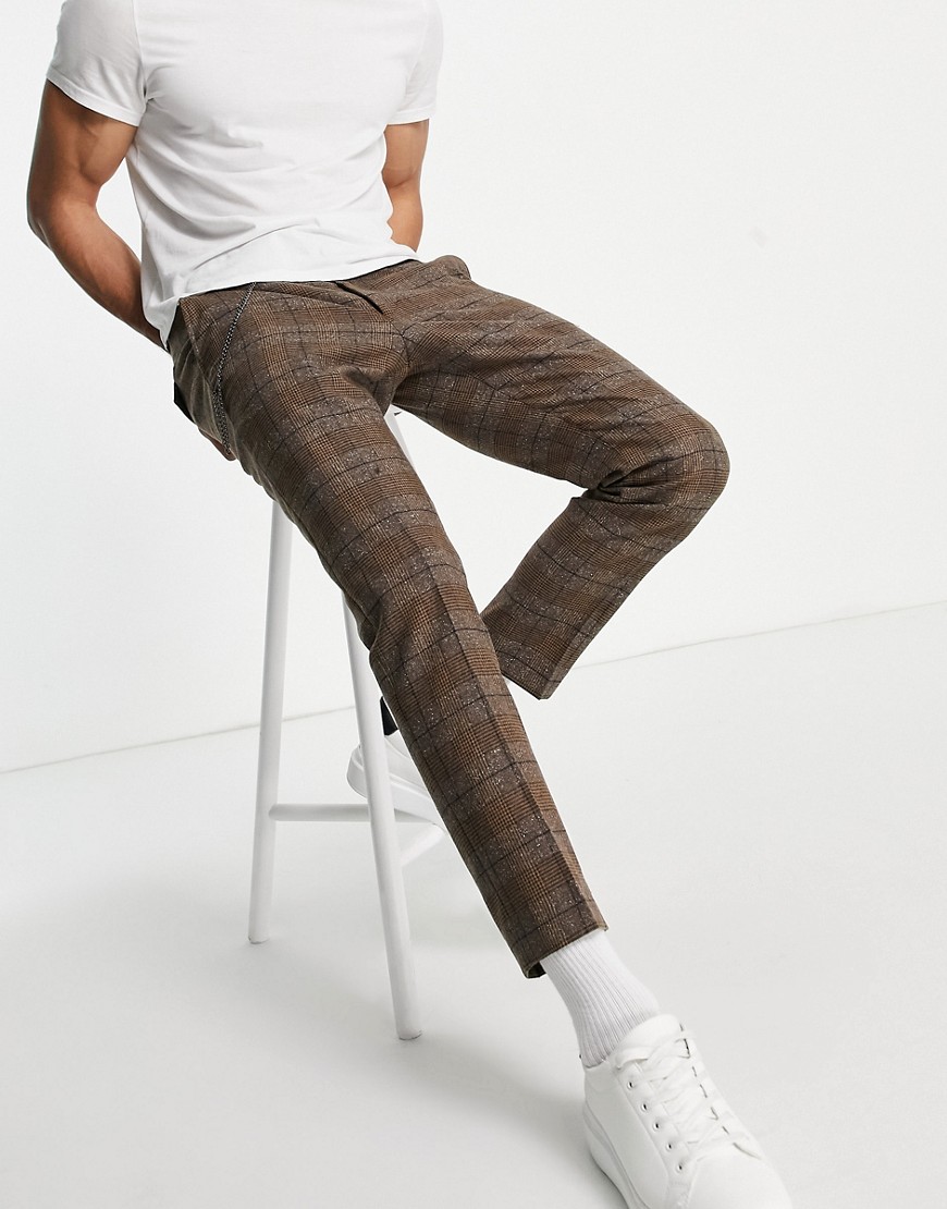 Twisted Tailor tapered crop pants with chain in brown tweed check