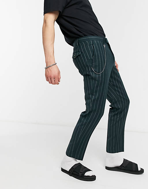  Twisted Tailor tapered crop trousers in green pinstripe 