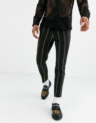 black pants with yellow stripe