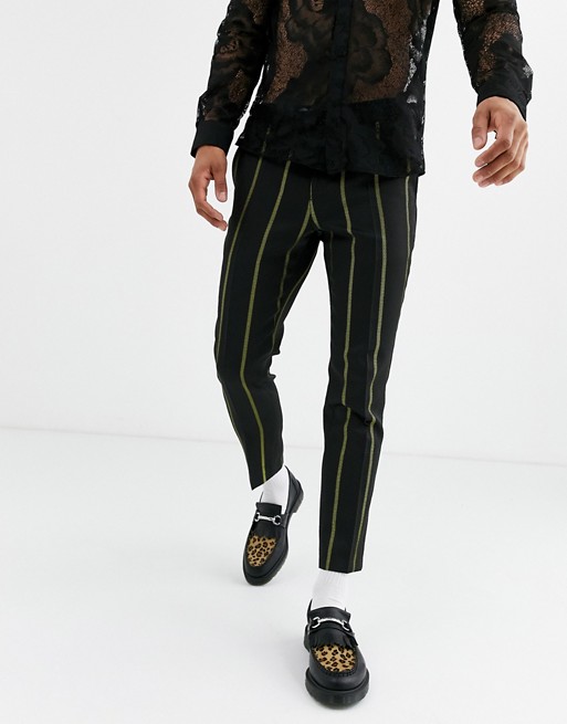 Twisted Tailor tapered cropped smart trousers with yellow stripe in black