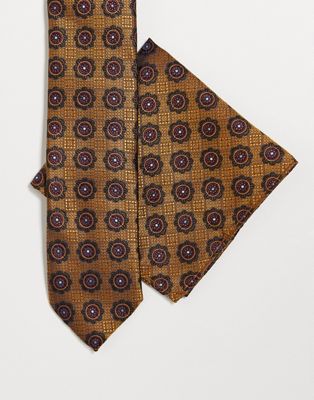 Twisted Tailor tie and pocket square set in mustard with mosaic design