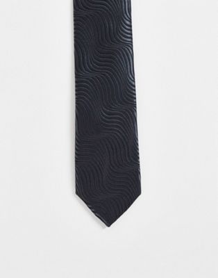 Twisted Tailor tie in black with tonal wave pattern