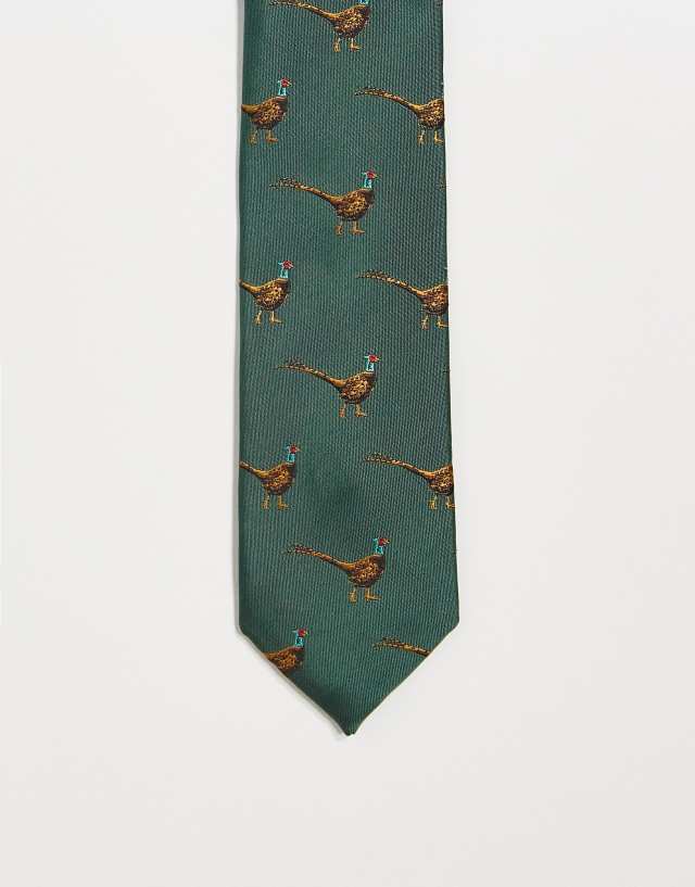 Twisted Tailor tie in forest green with pheasant all-over print