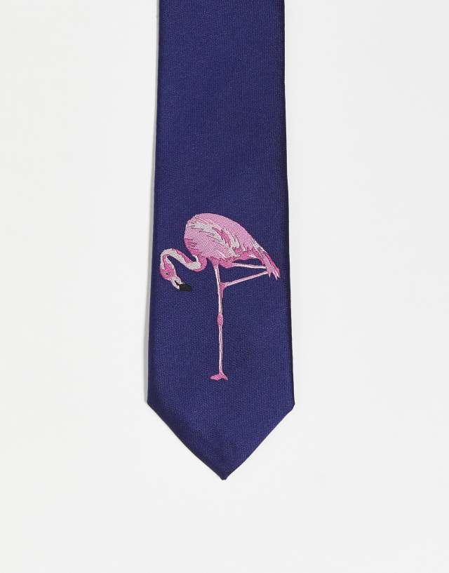 Twisted Tailor tie in navy with large flamingo embroidery