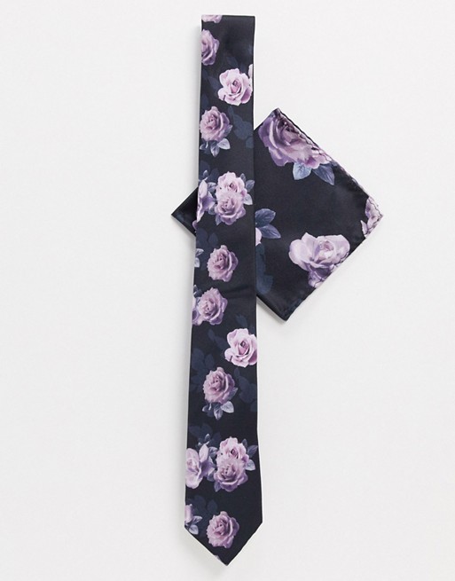 Twisted Tailor tie set with pink rose print in black