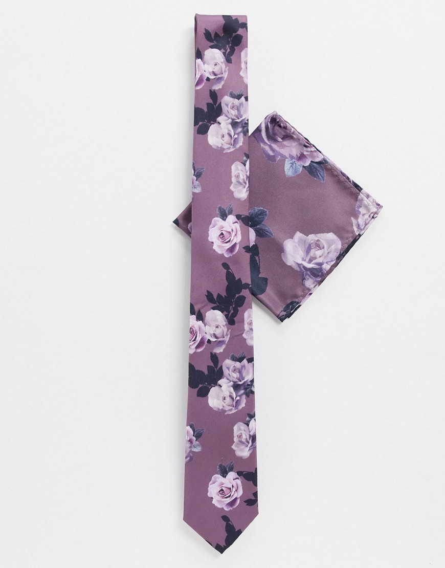 Twisted Tailor tie set with rose print in nude-Pink