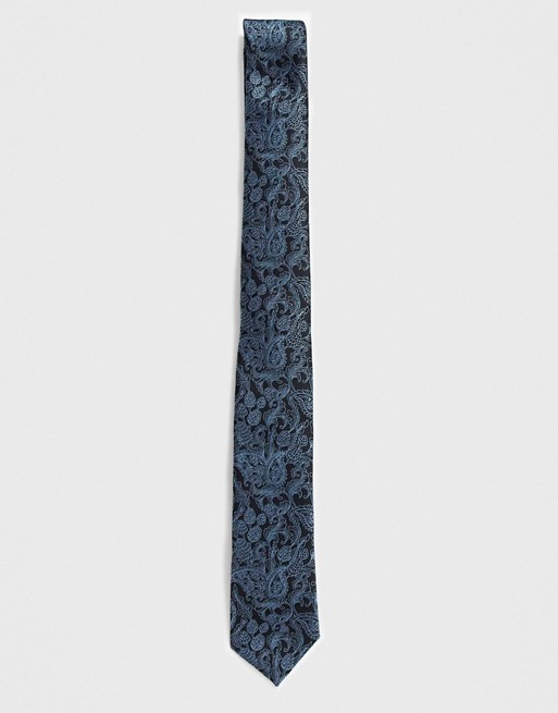 Twisted Tailor tie with floral lace print in black