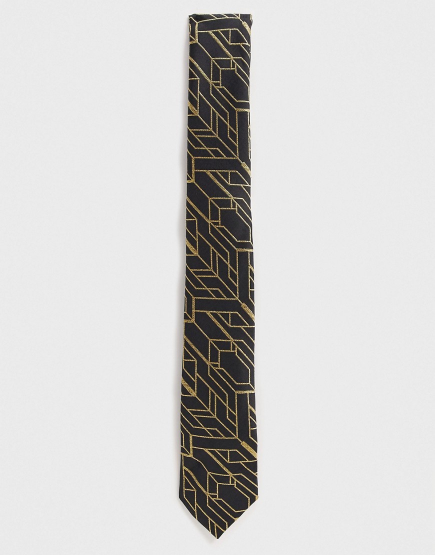 Twisted Tailor tie with gold geo print in black