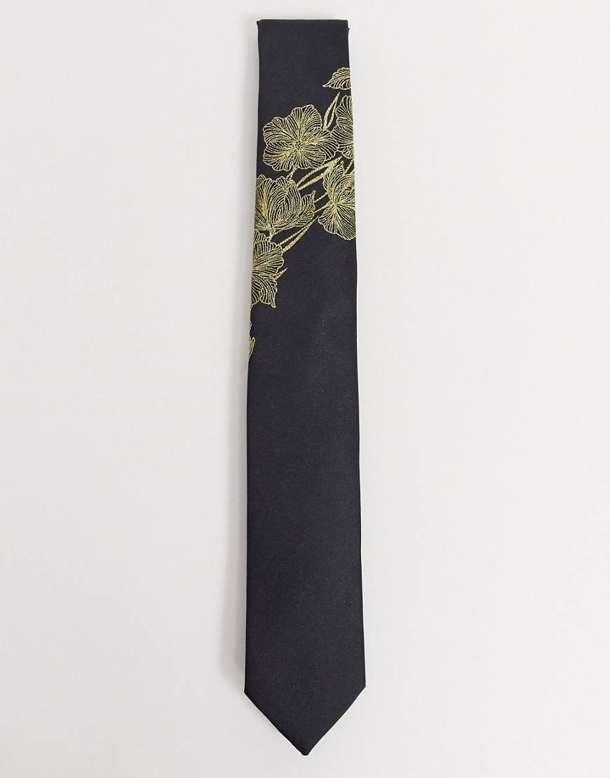 Twisted Tailor tie with placement floral jacquard in black